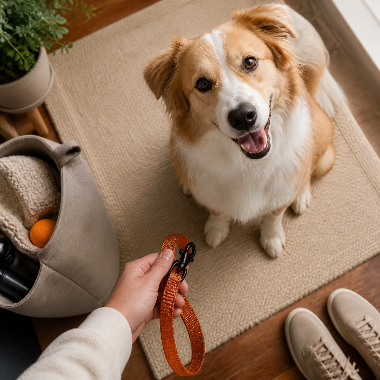 A relaxed dog in a warm home setting