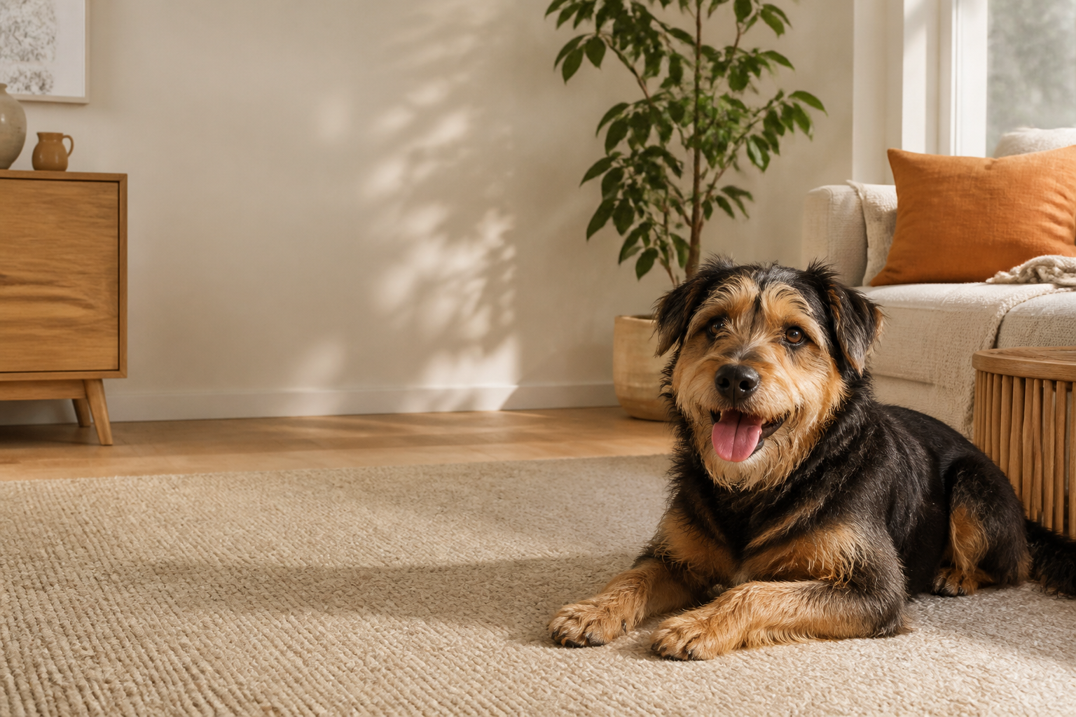 A dog ready for a walk in a calm home entryway